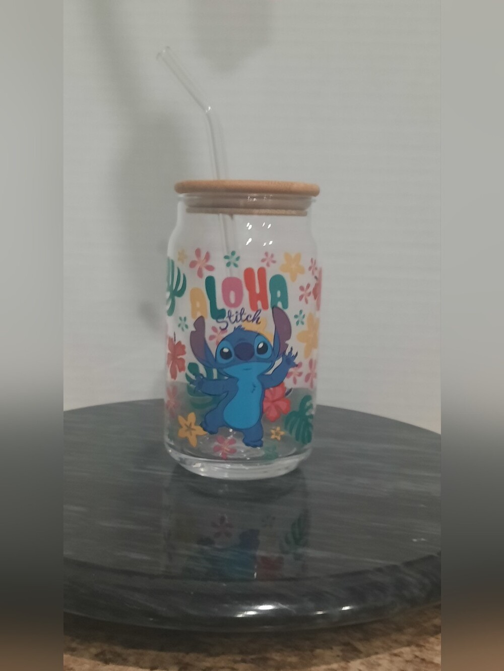 Aloha Stitch Glass Cup with Bamboo Lid and Straw - Blue